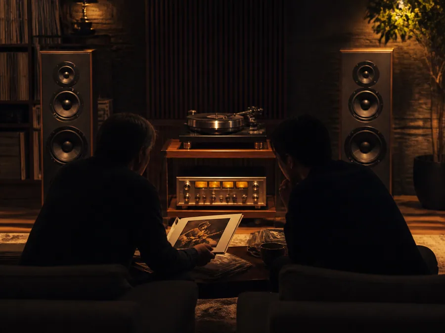Two listeners sharing records in a warm HiFi listening room