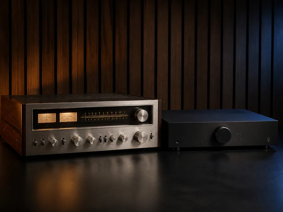 A vintage silver receiver beside a modern black amplifier
