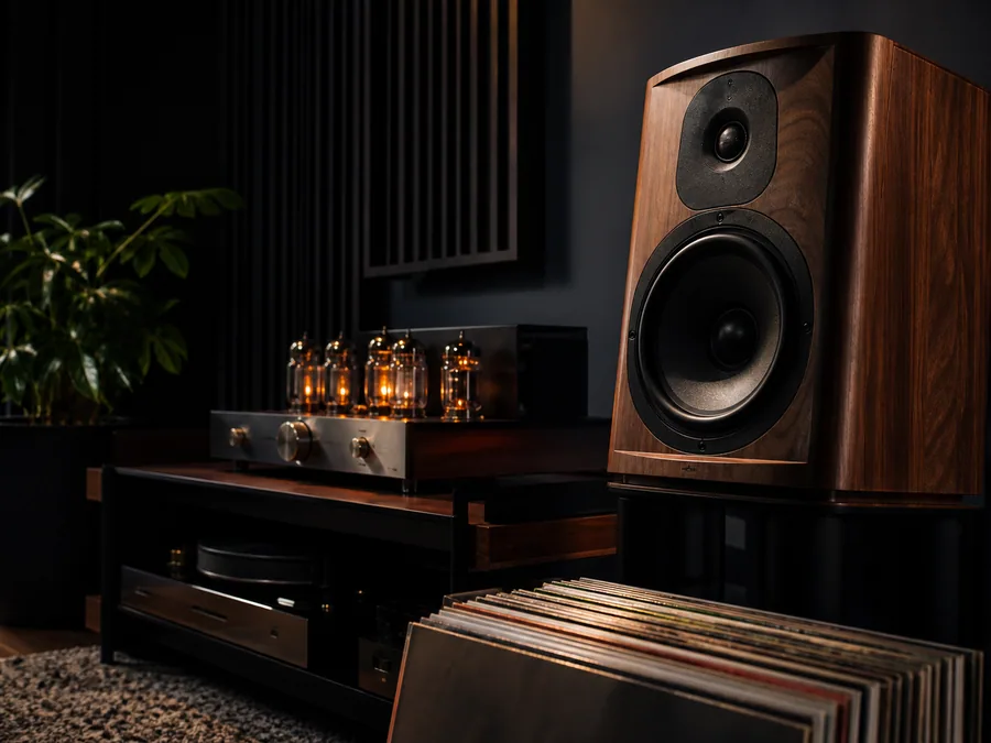 A walnut loudspeaker and glowing tube amplifier in a curated listening room